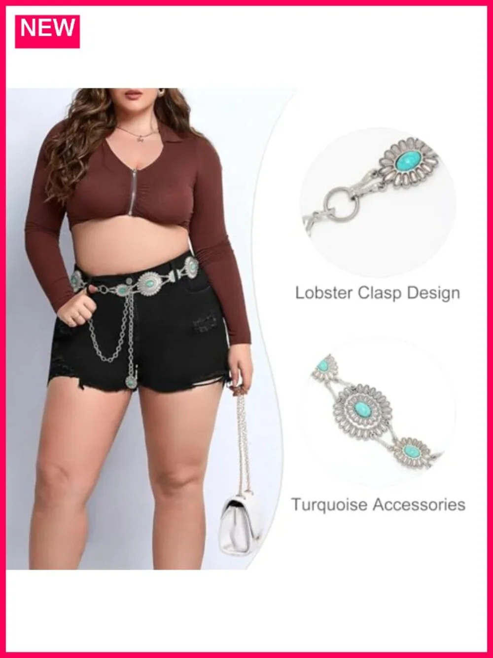 Women's Concho Chain Belt Metal Link Western Turquoise Belt for Dress